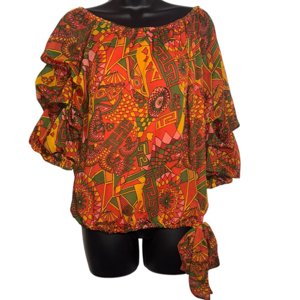 CeCe Off the Shoulder Blouse Ruffle Sleeve Orange Aztec Print Women’s Size Large